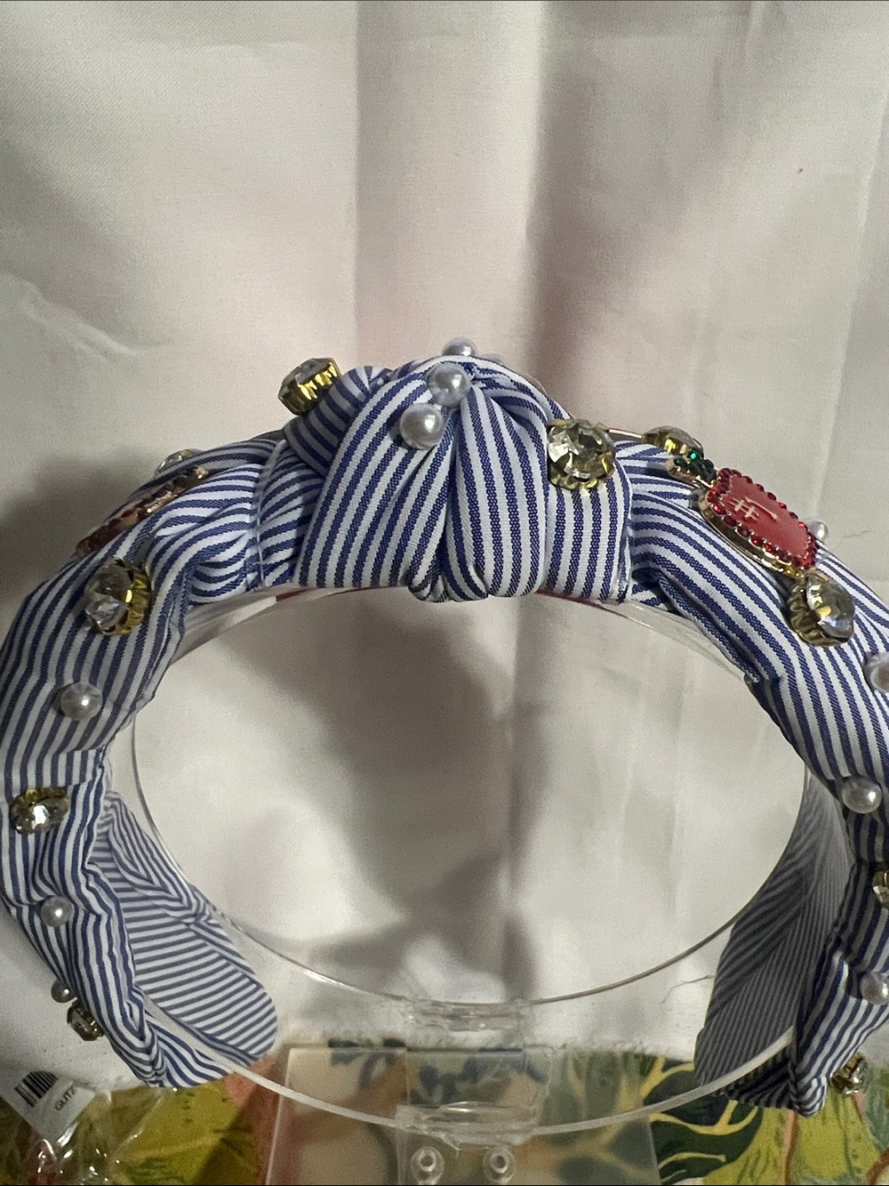 Striped Blue Embellished Padded Headband